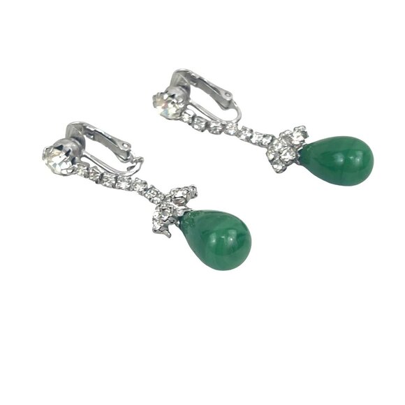 Kramer Green Teardrop Clip-On Earrings With Rhinestones - Picture 2 of 9